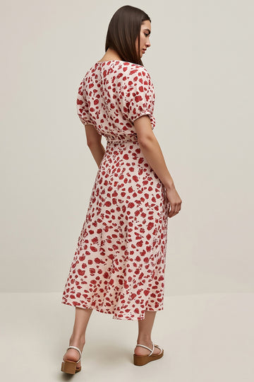 Red A Line Round Neck Printed Midi Dress